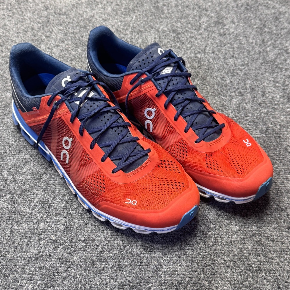 On Running Cloudflow Mens 12.5 Red Orange Navy Blue Athletic Sneaker Road Runner